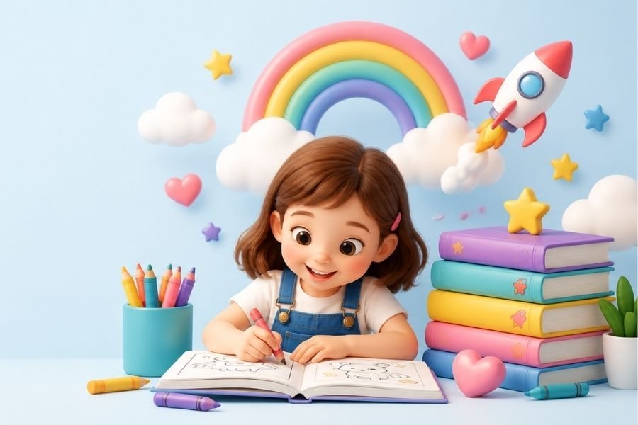 child with her collection of books