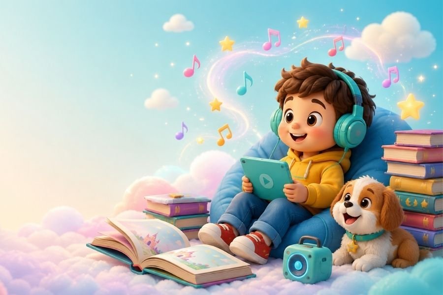 young boy wearing headset with puppy surrounded by colorful books