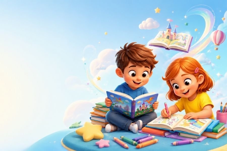 a boy reading a colorful storybook and a girl drawing with crayons.