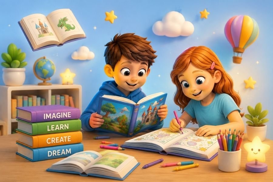 a boy reading a storybook with castle imagery and a girl coloring