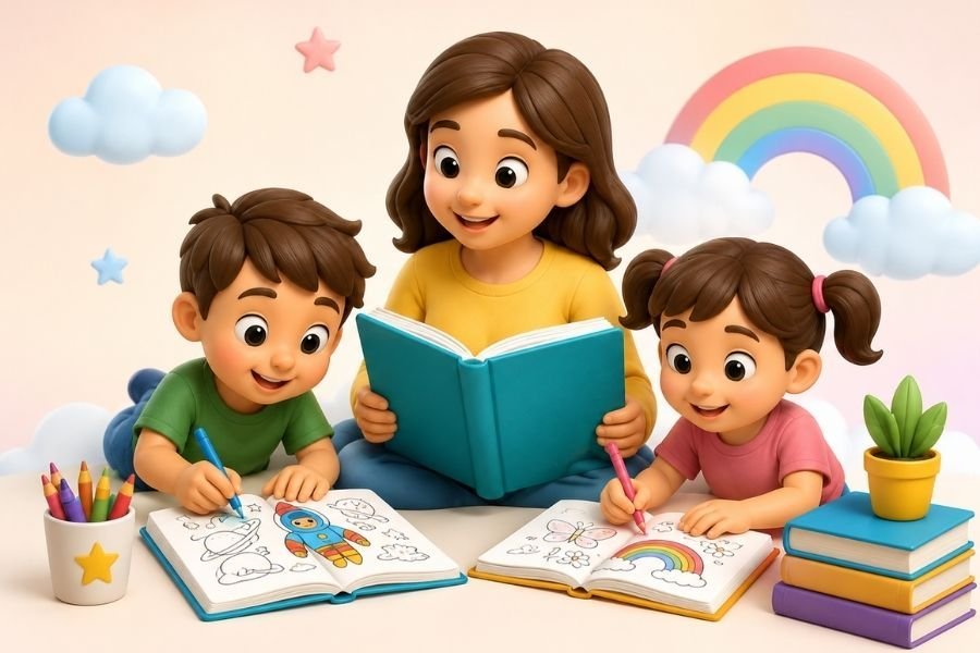 a mother reading a book with two children who are coloring.
